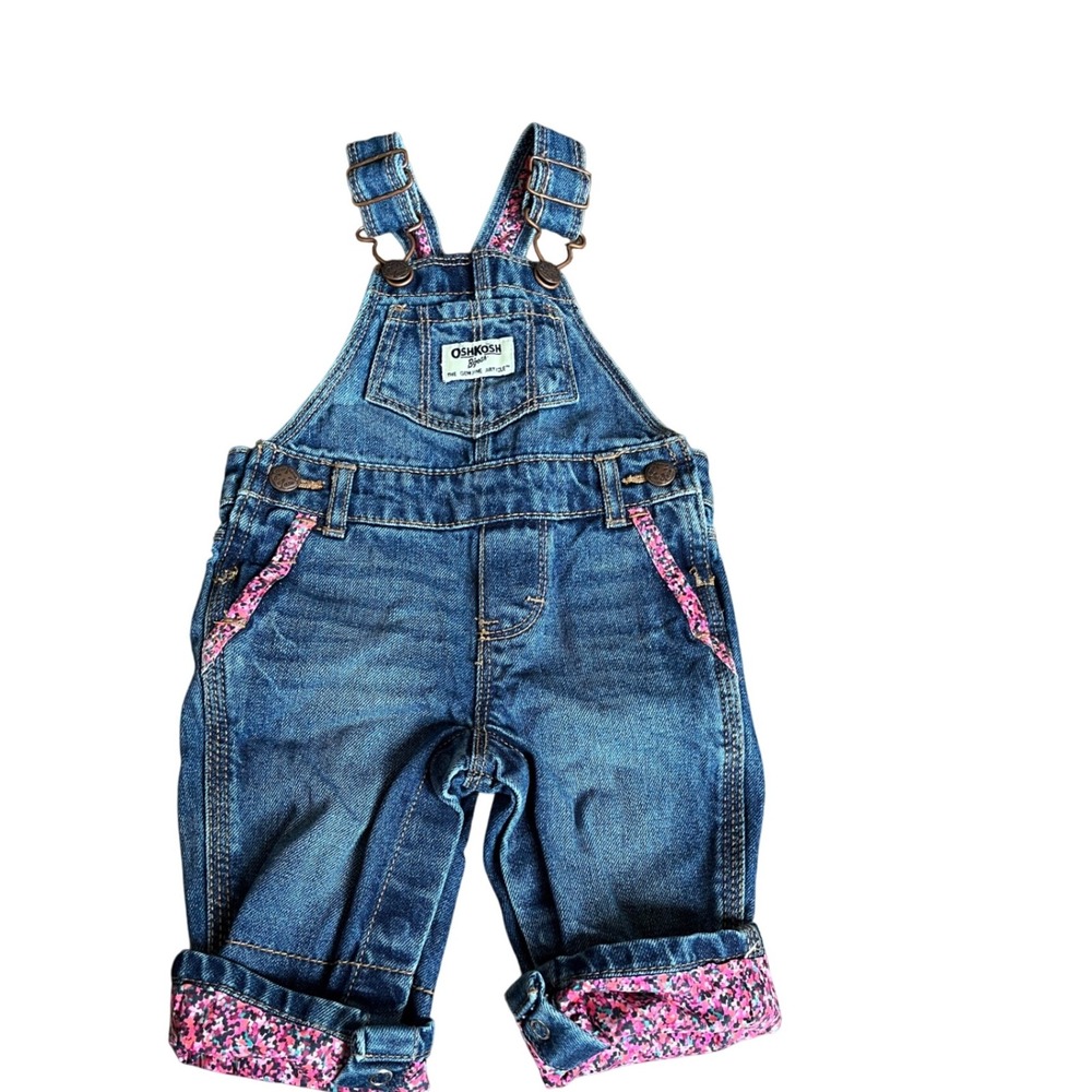 OshKosh Bgosh Baby Denim Overalls Pink Floral Accents Size 6M